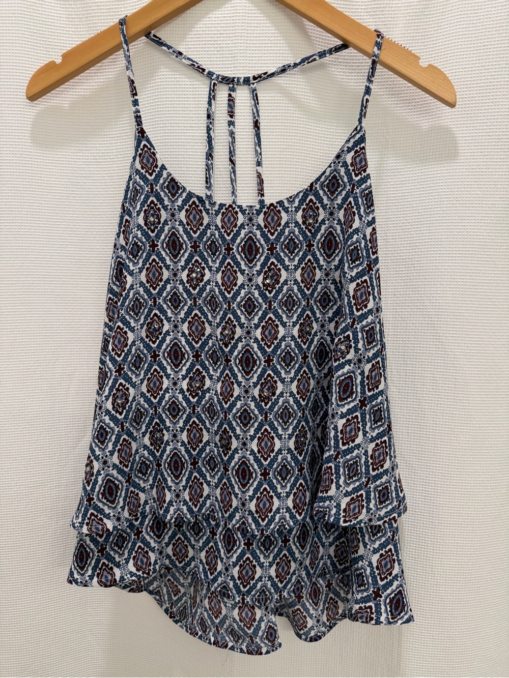 Miss Me Blue and White Geometric Print Spaghetti Strap Tank